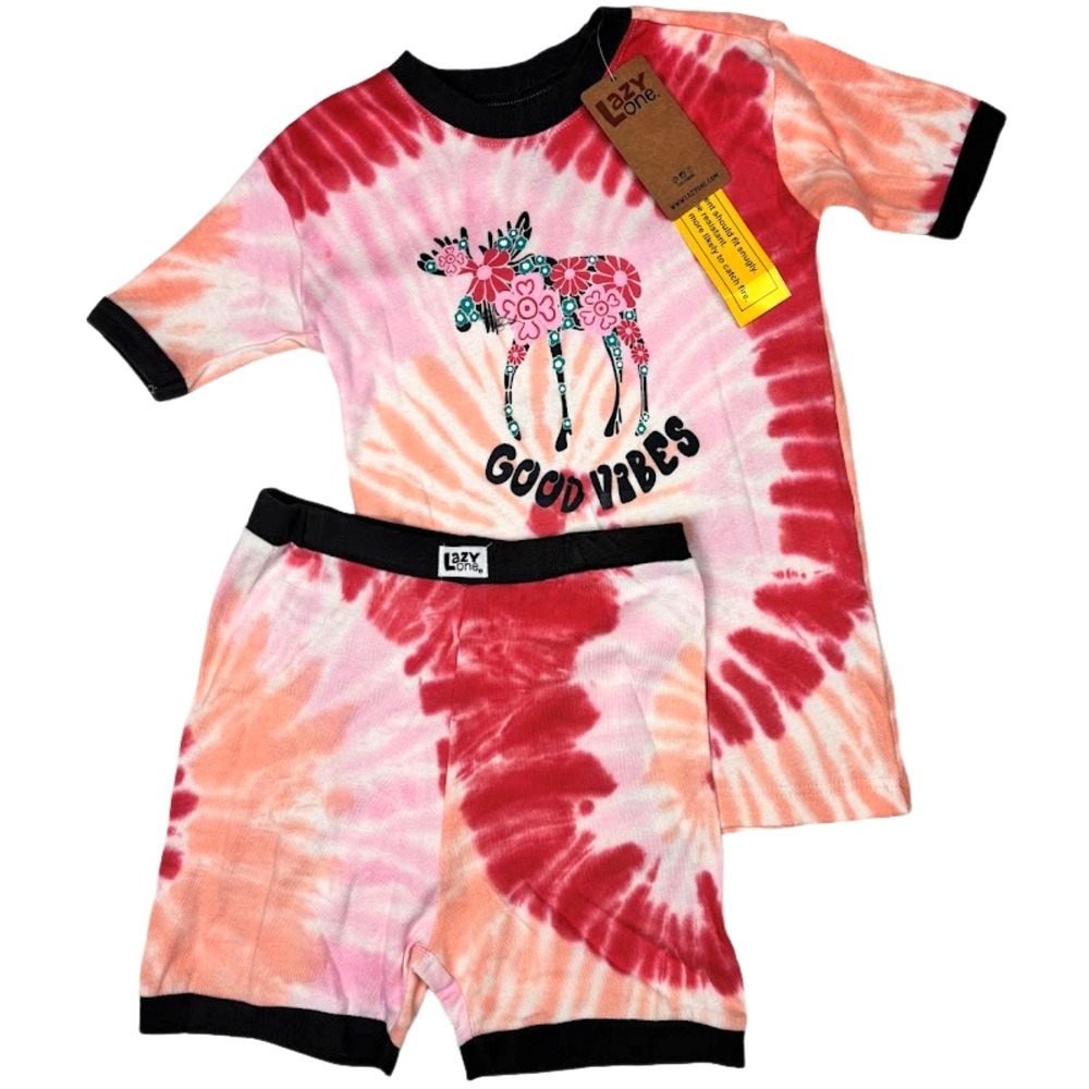 Lazy One Good Vibes Girls Sz 10 Moose Pajama Set 2pc‎ Cotton Tye Dye NWT
